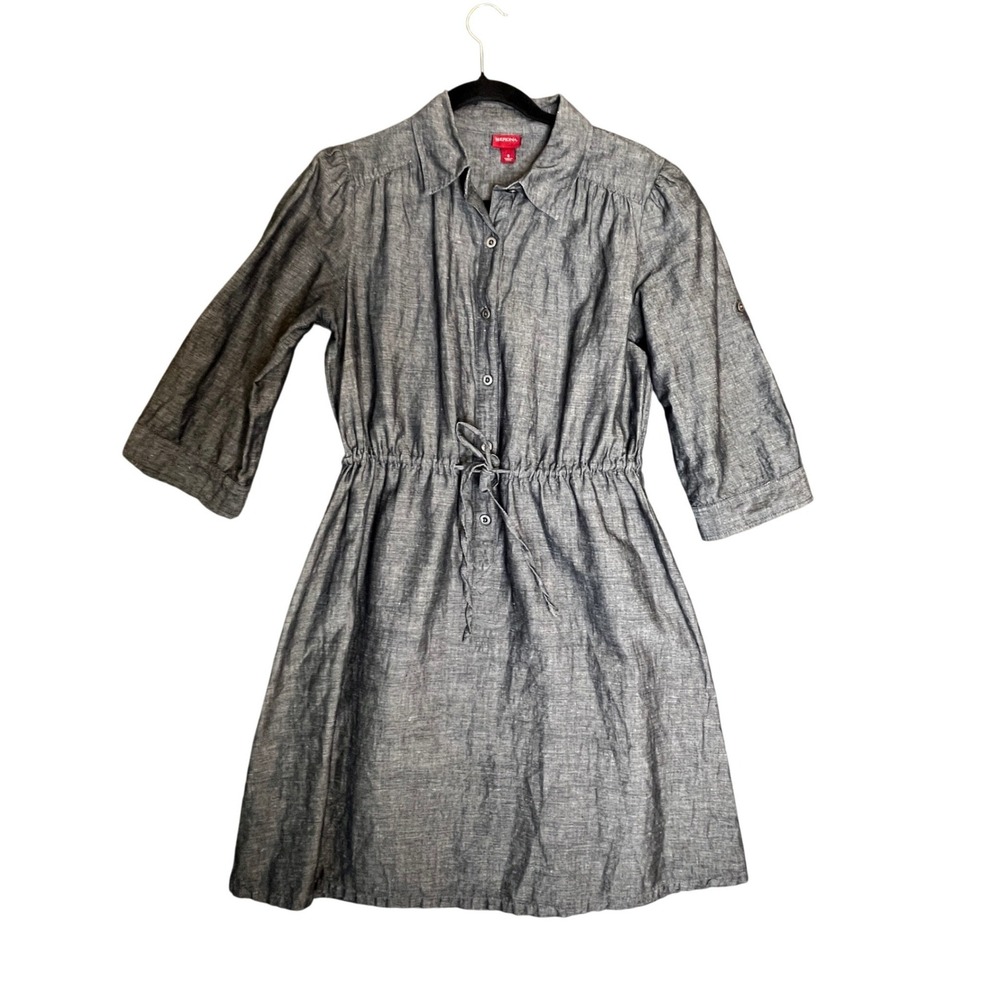 Merona Shirt Dress Womens S Gray Linen Cotton Roll Tab Sleeve Drawstring Coastal